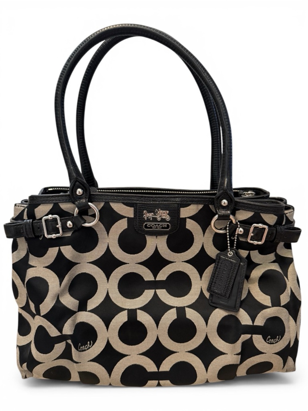 Coach Black and Beige Signature Circle Tote